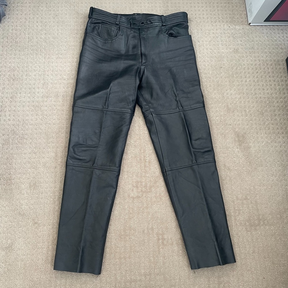 Vintage Genuine Leather Biker Pants Men 38x33 (Tag 40) Black Straight Frontier